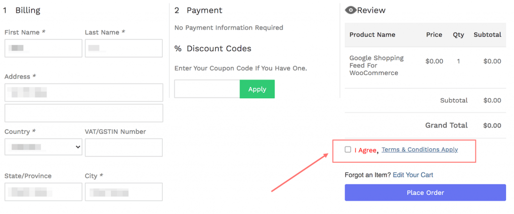 terms and conditions checkbox at Place order button