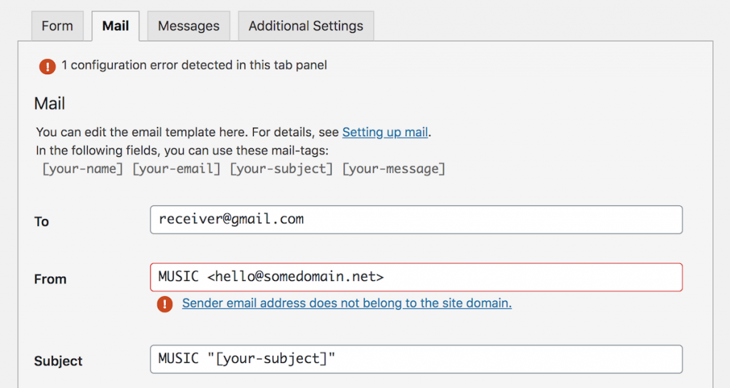 CF7 Mail tab settings