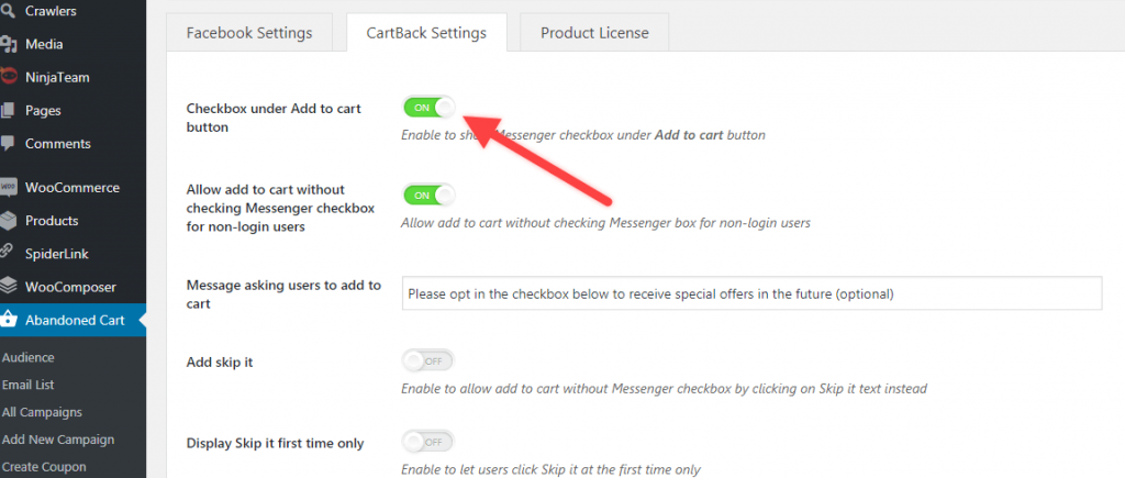 CartBack checkbox to receive messages