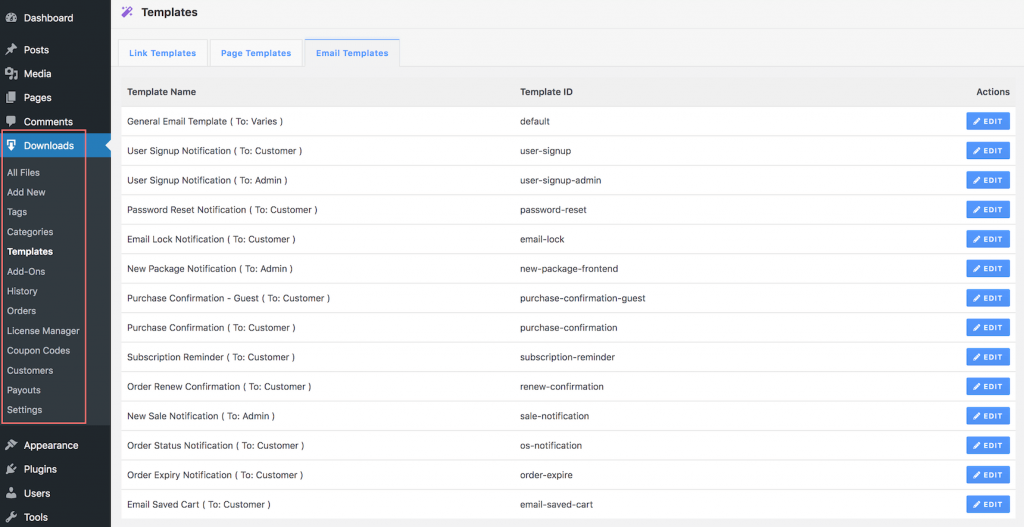 Email templates in WP Download Manager plugin