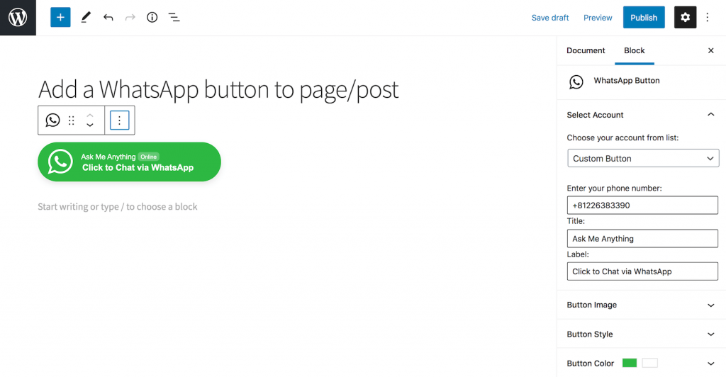 add whatsapp button to WordPress page or post