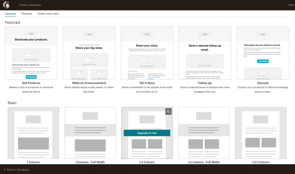 Mailchimp campaign email template library and layouts