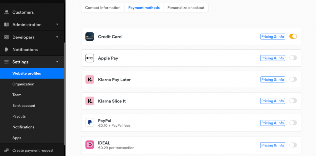 Activate payment methods in Mollie dashboard