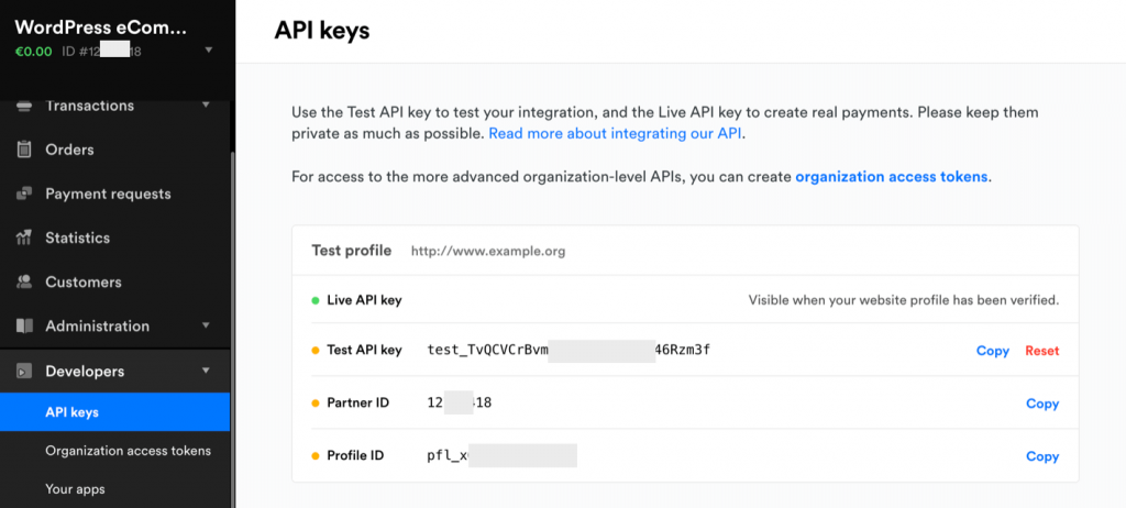 Use the Test API key to test Mollie integration