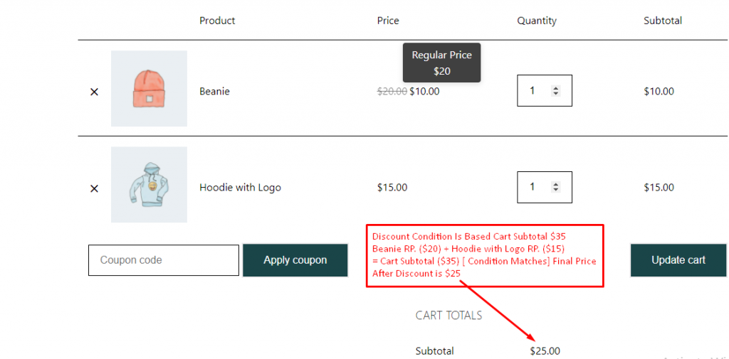 Simple Adjustment Fixed Discount and Condtional Discount Result Based On Cart Subtotal Price