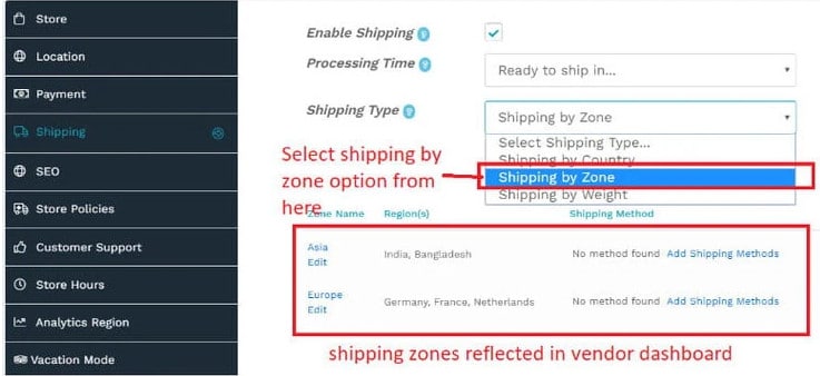 WCFM shipping options