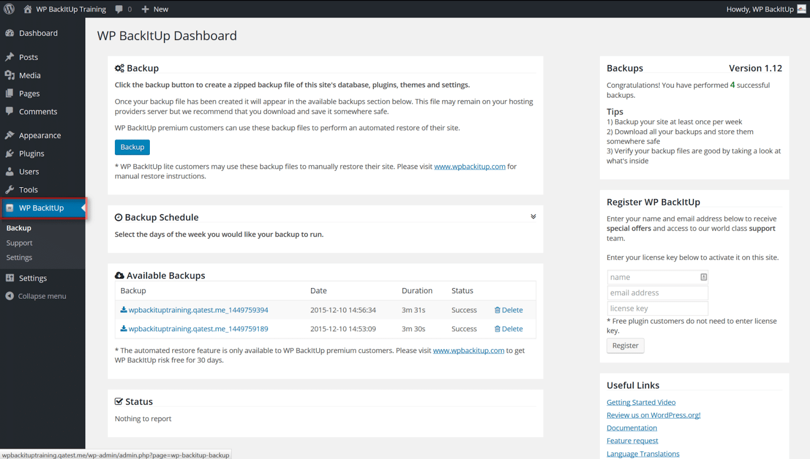 WP BackItUp dashboard