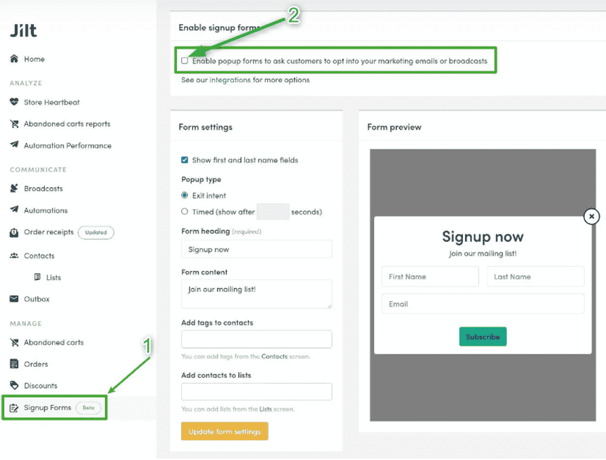 Jilt woocommerce signup form settings