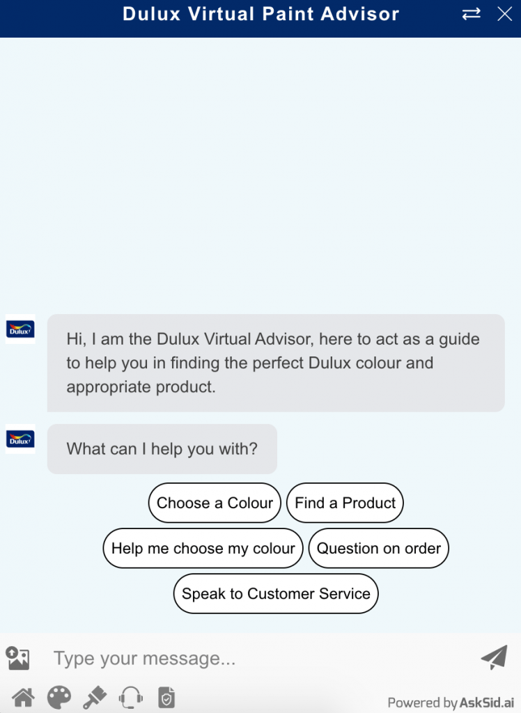 The Dulux Virtual Paint Advisor is an automated chatbot that helps you choose your best color
