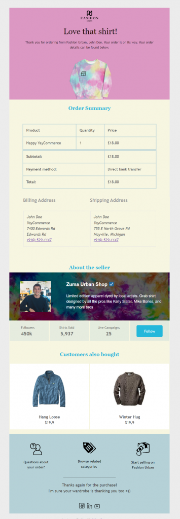 Order confirmation email template built with YayMail