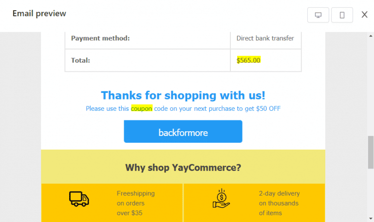 An example of email template offering coupon (using YayPricing)