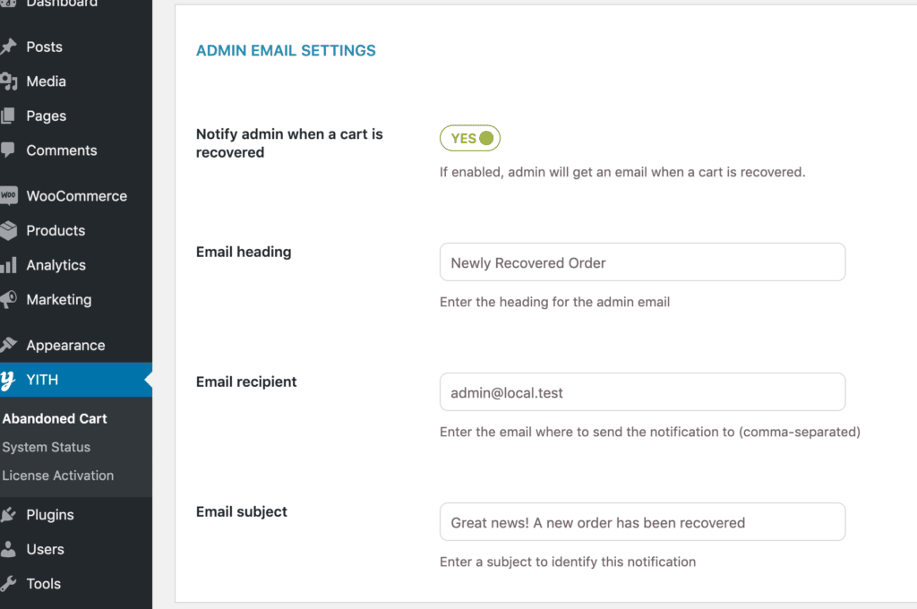 admin email setting WooCommerce recover abandoned cart email