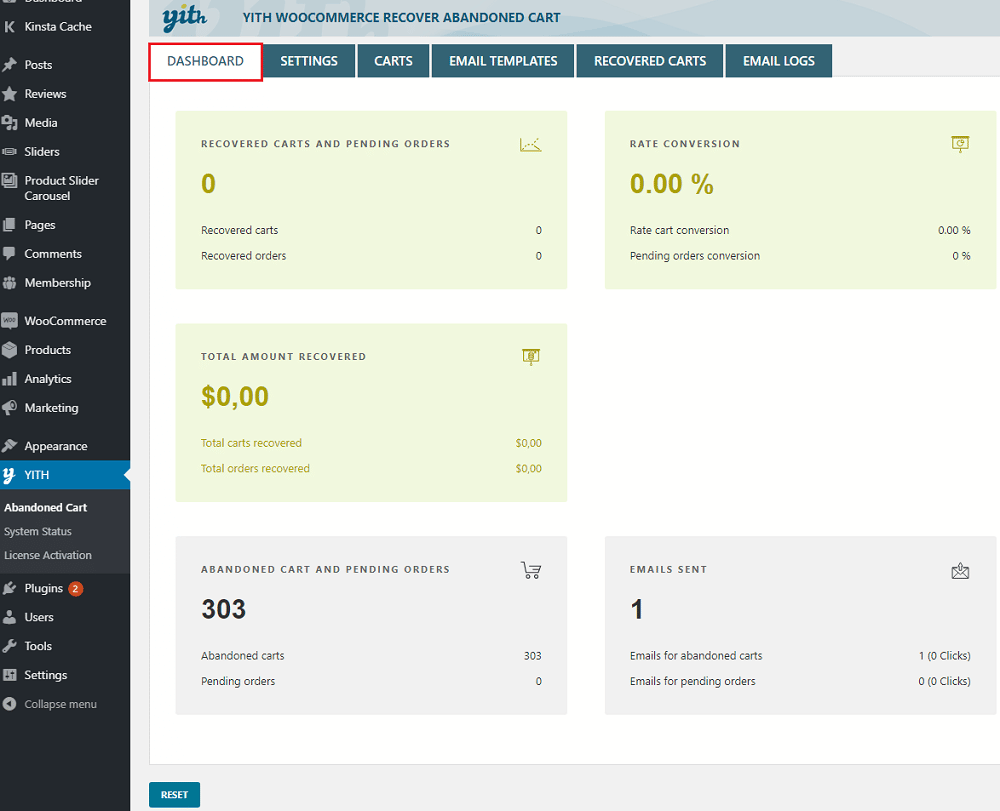 dashboard report yith recover abandoned cart