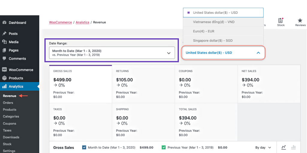 Dropdown to filter revenue based on the currency feature of yaycurrency