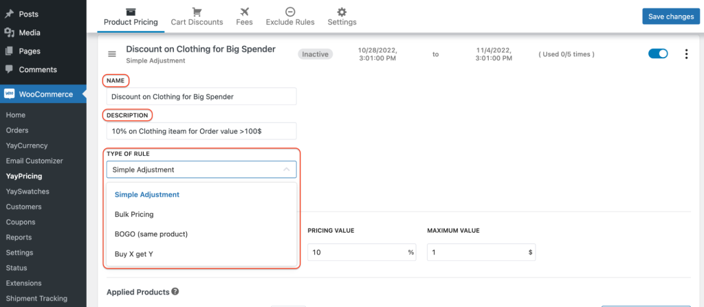 general setting choosing type of percentage discount rule