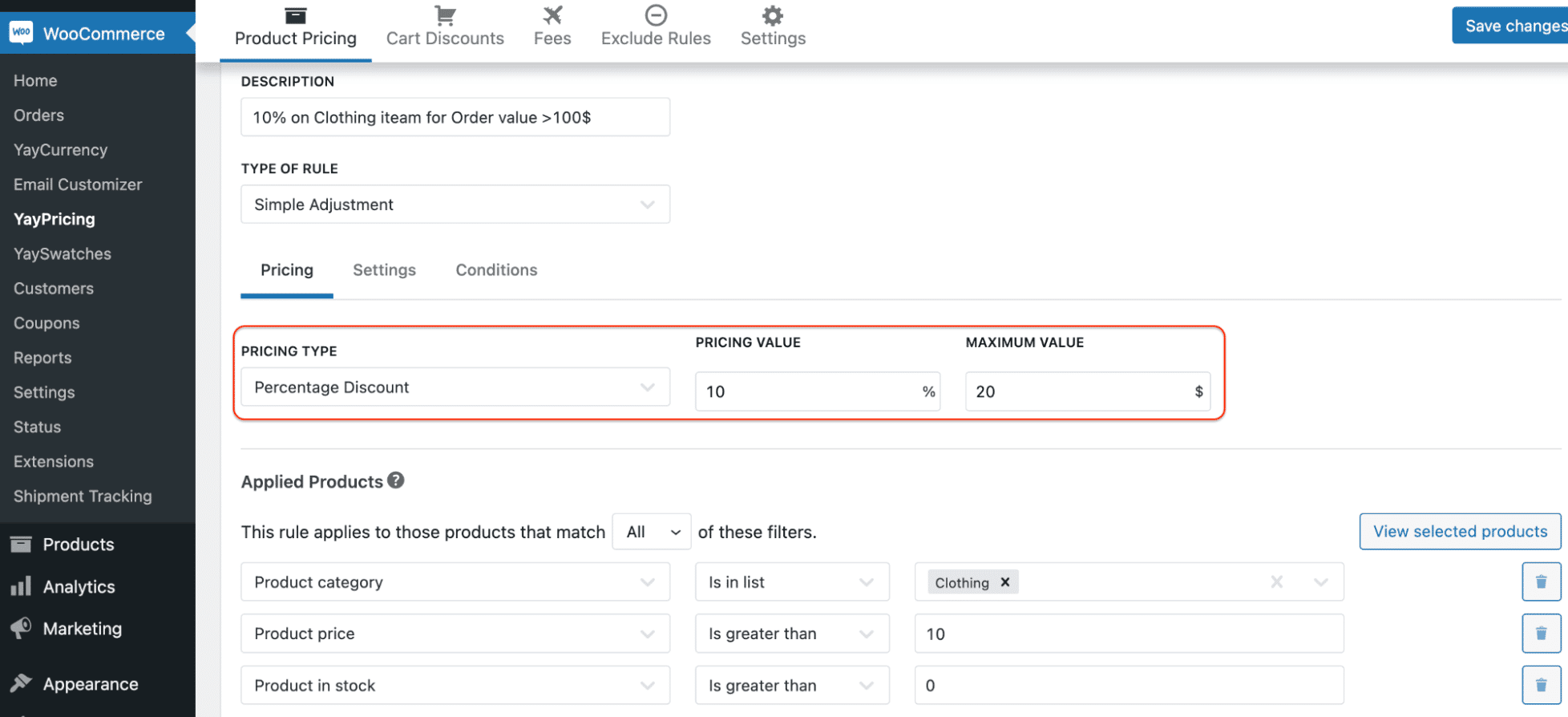 pricing value WooCommerce percentage discount rule