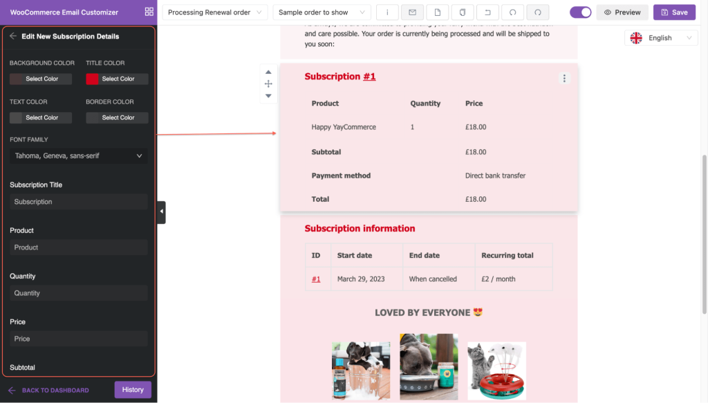 format the new subscription details in processing renewal order email