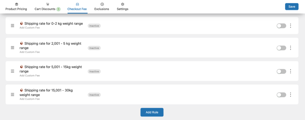 create four shipping rule types for four weight range