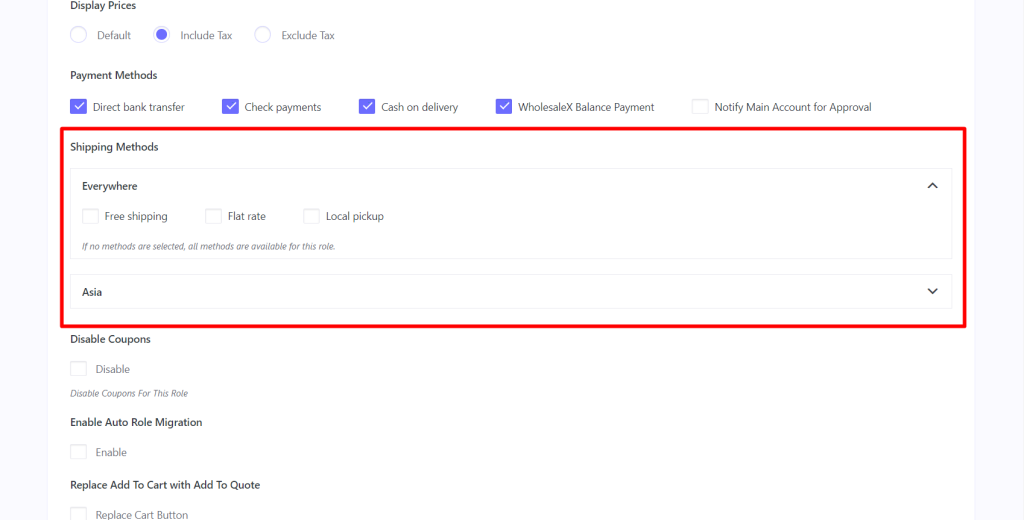 Select options for Shipping Methods