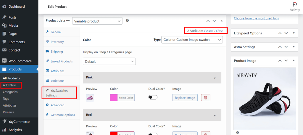 Add WooCommerce variation swatches to each product during product editing