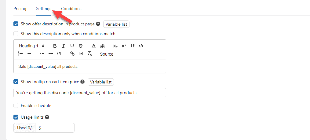 yaypricing settings option