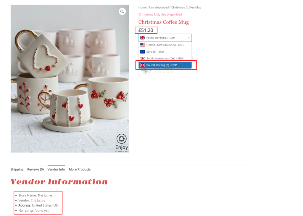 Product page of vendor display another currency