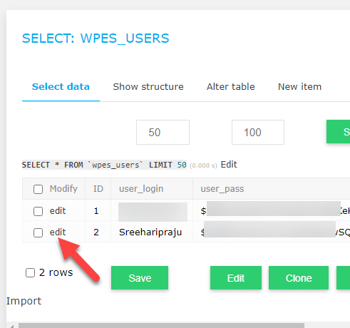 edit user - Reset WordPress Password Using PHPMyAdmin