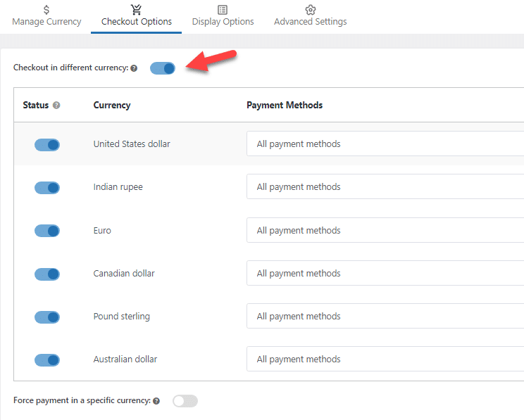 checkout options - woocommerce prices based on currency