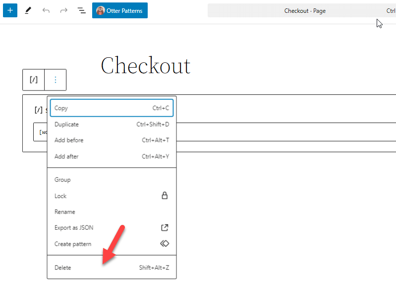 delete checkout shortcode