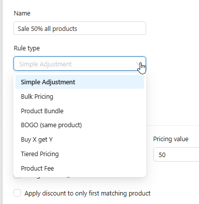 rule type dropdown