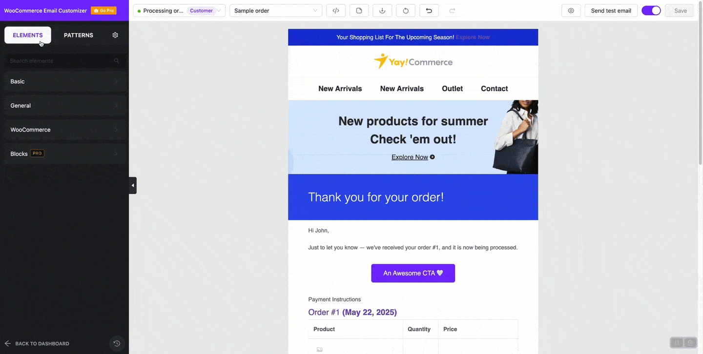 New YayMail Builder Panel with Elements, Patterns and Settings