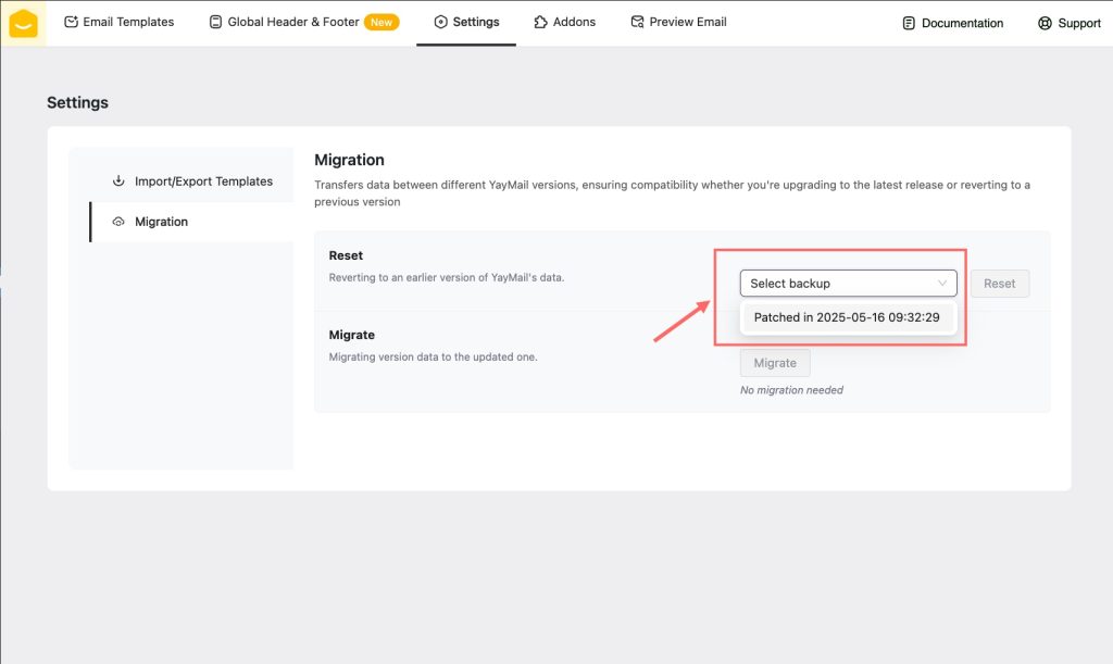 YayMail's migration feature