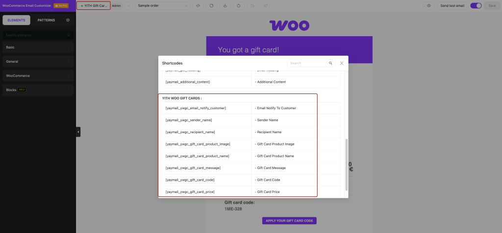 shortcode and elements available for each templates