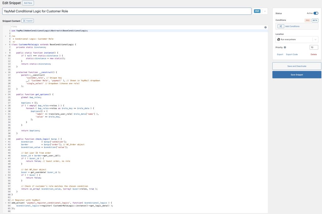 add the snippet to create and register new conditional logic