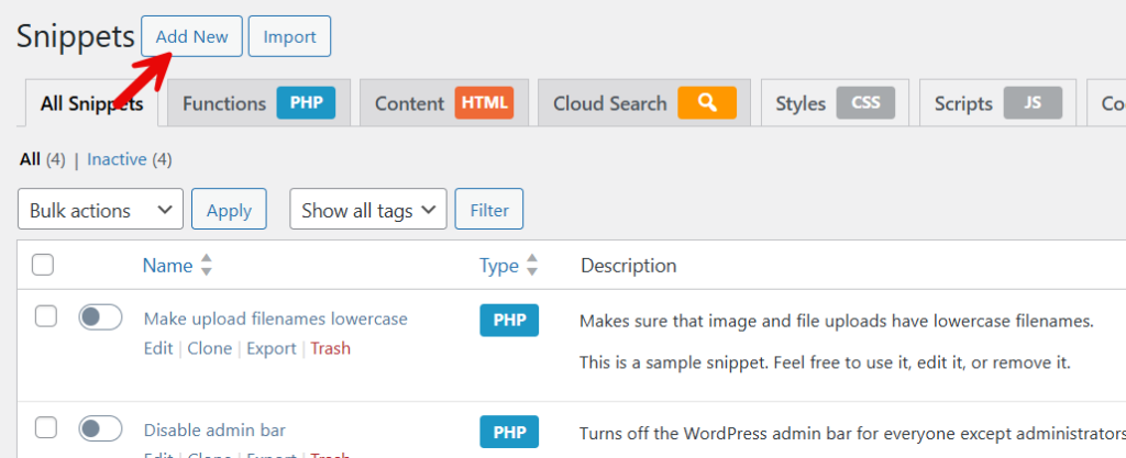 add new snippet code