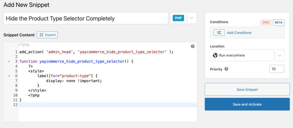 Add snippet to hide product type selector