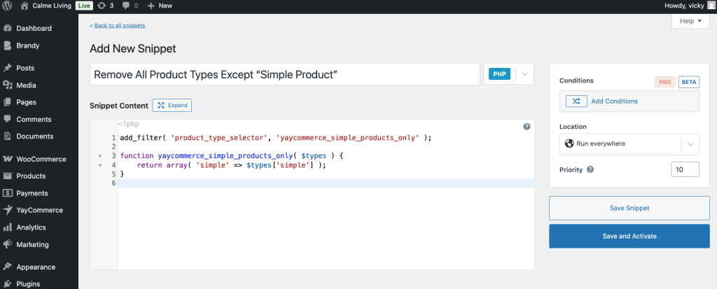 Insert snippet to remove all product types