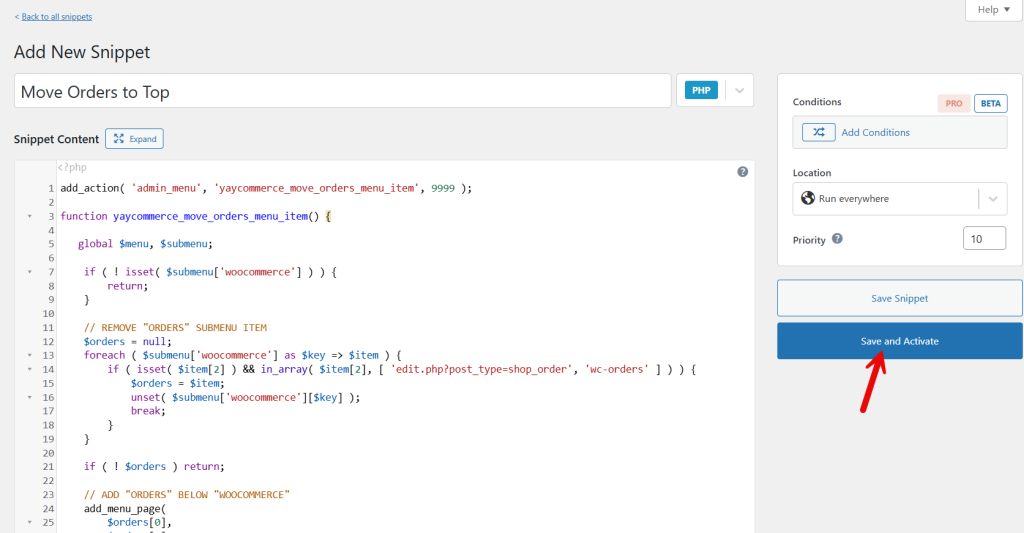activate php snippet