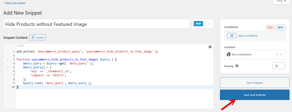 activate the code snippet