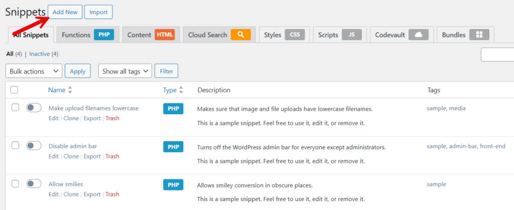 add new code snippet