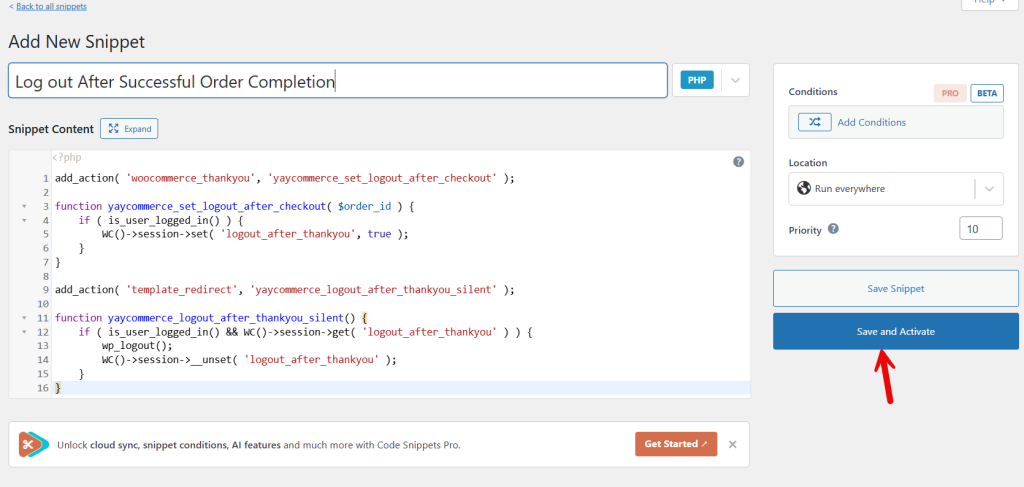 save and publish code - Automatically Log Out WooCommerce Customers After Checkout