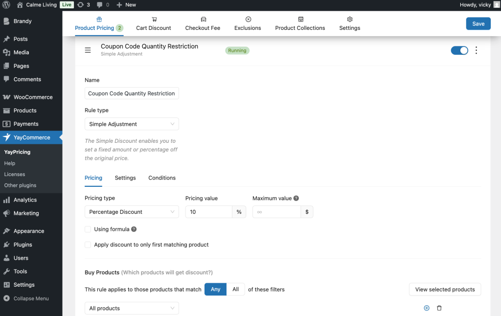 Configure the pricing rule for coupon code quantity