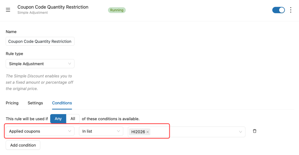 Set the condition is applied coupon