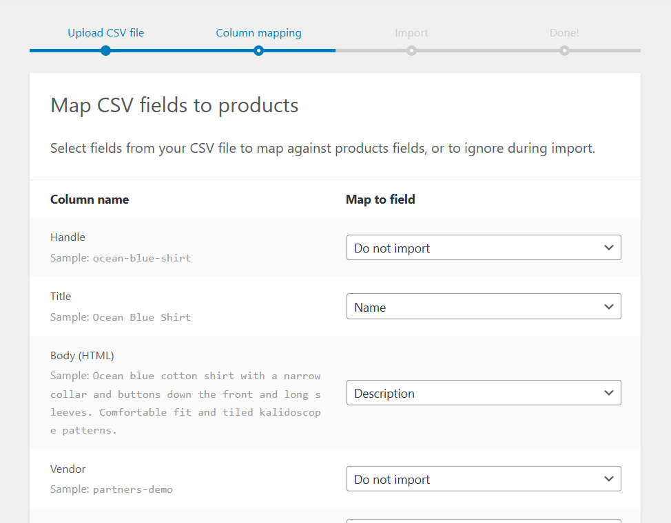 column mapping - Migrate from Shopify to WooCommerce