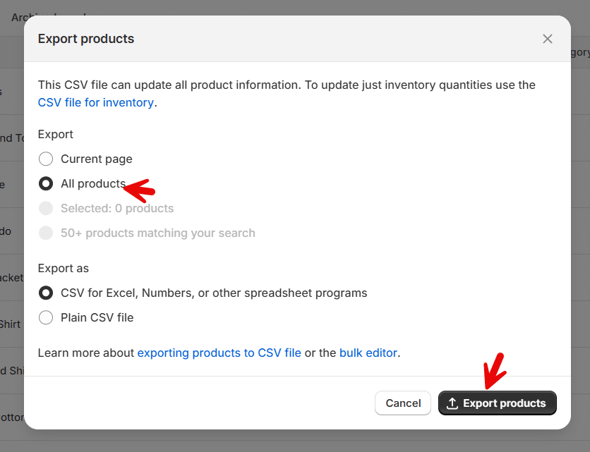 export options - Migrate from Shopify to WooCommerce