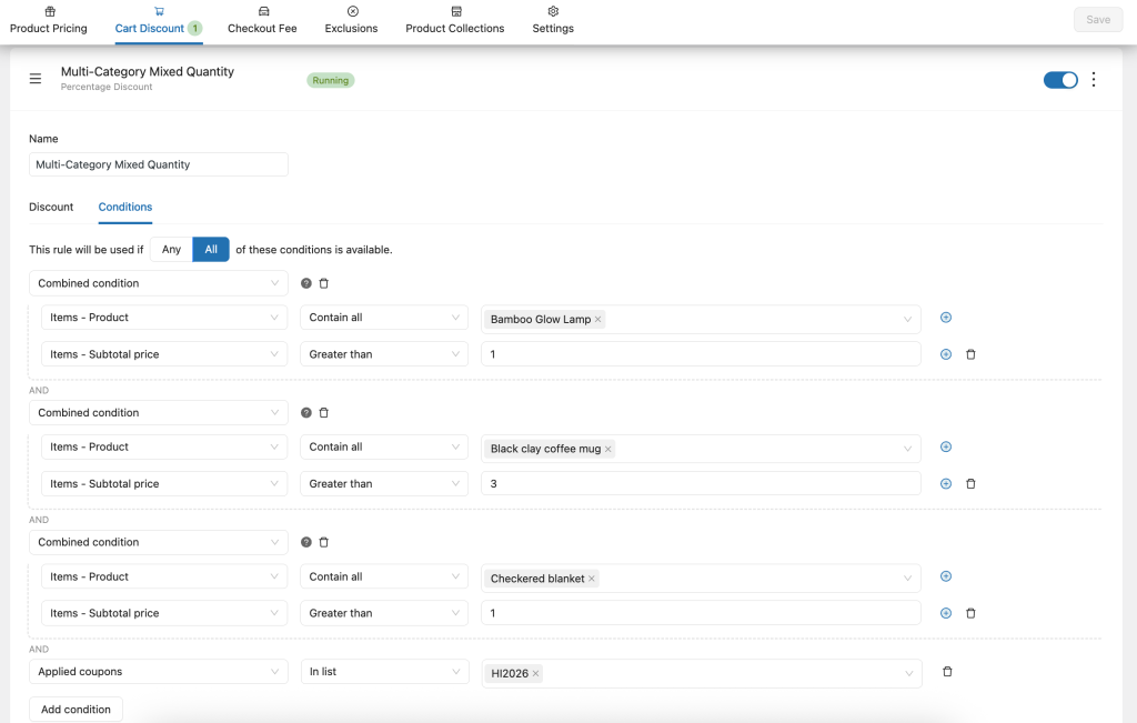set up multi category mixed quantity
