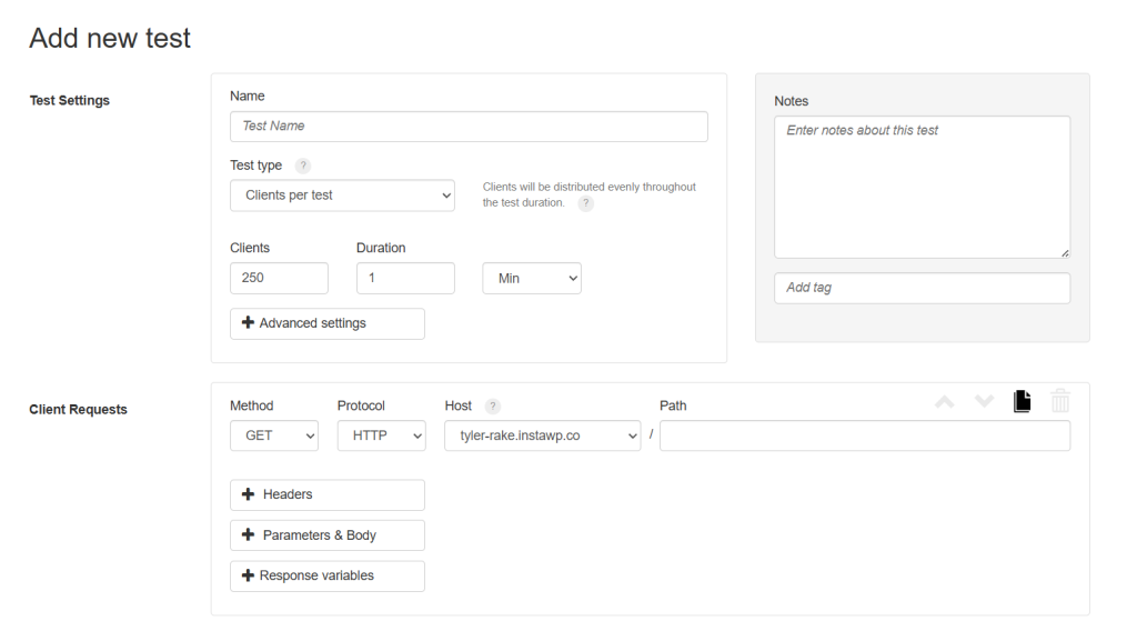 test settings - stress test a WordPress website