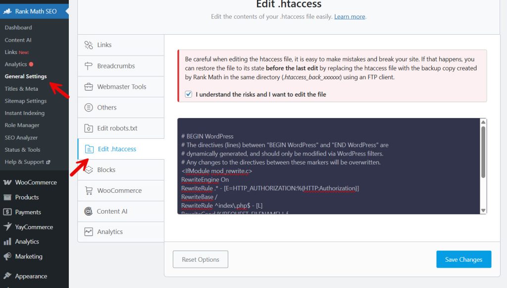 rank math htaccess editor