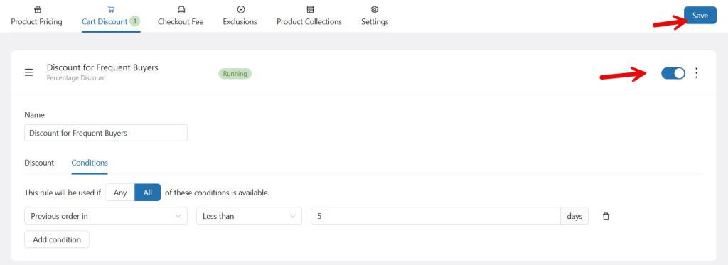 save and activate campaign - Give a Discount to Frequent WooCommerce Buyers