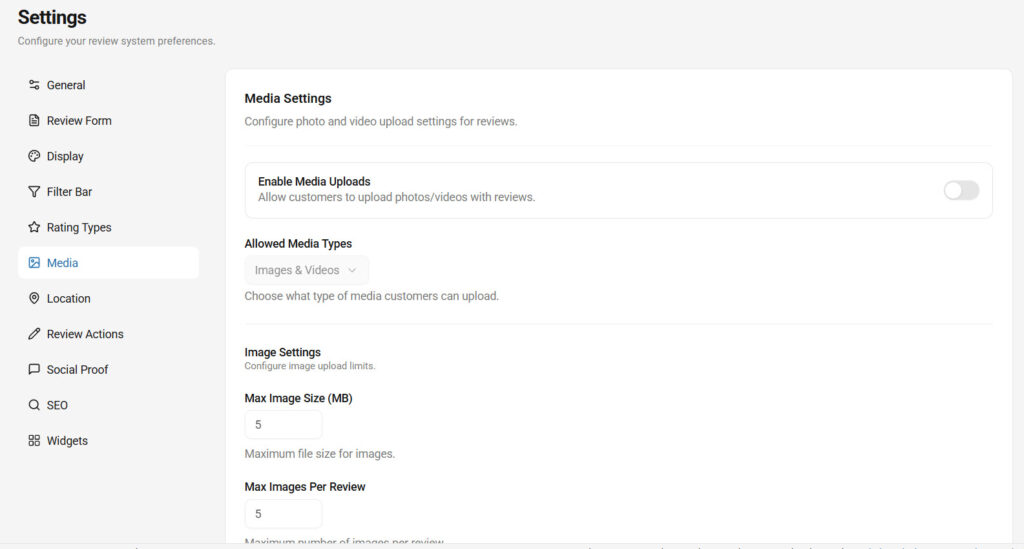 media settings - WooCommerce Photo Reviews